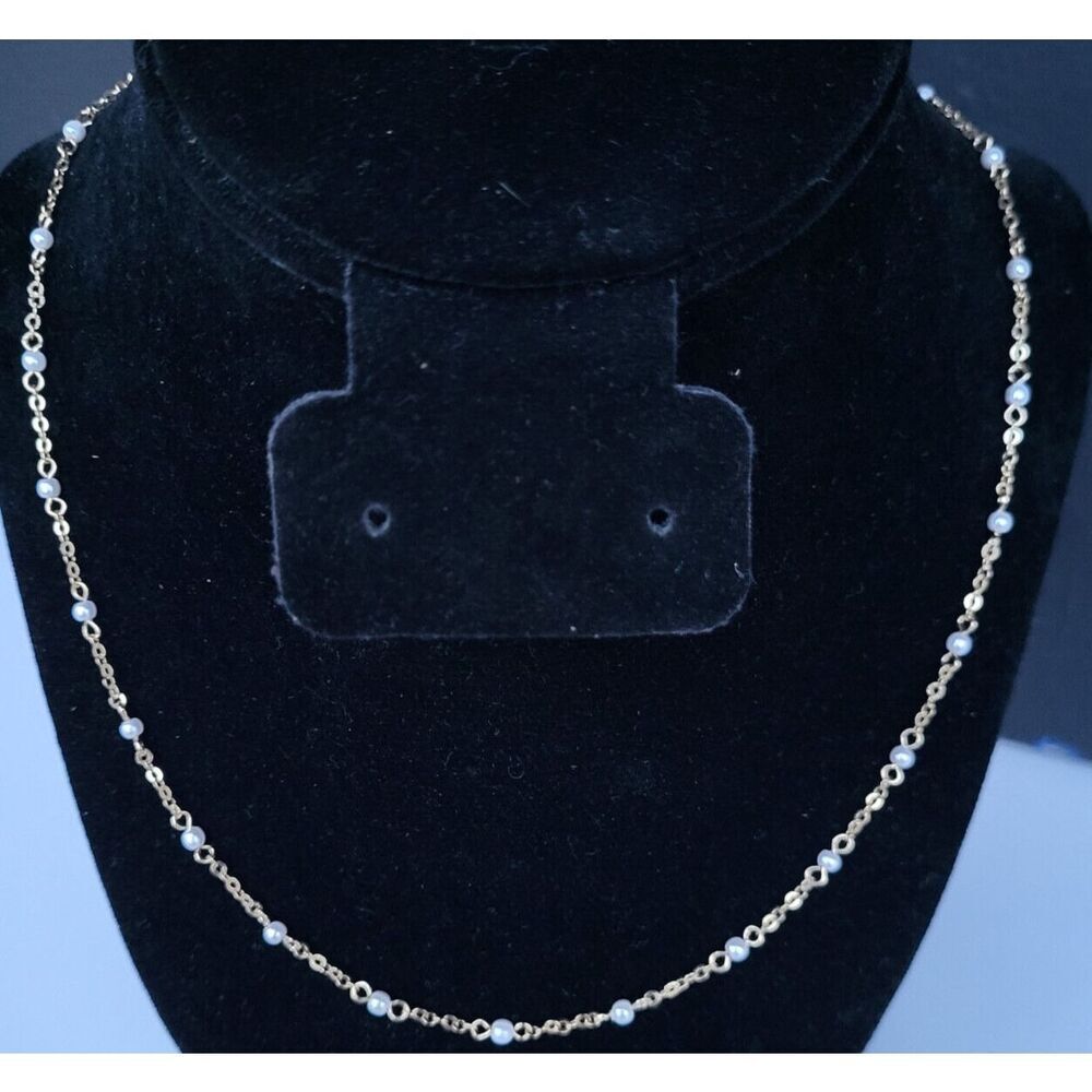 VTG  Trifari station faux pearl bead necklace goldtone chain dainty 23” Signed